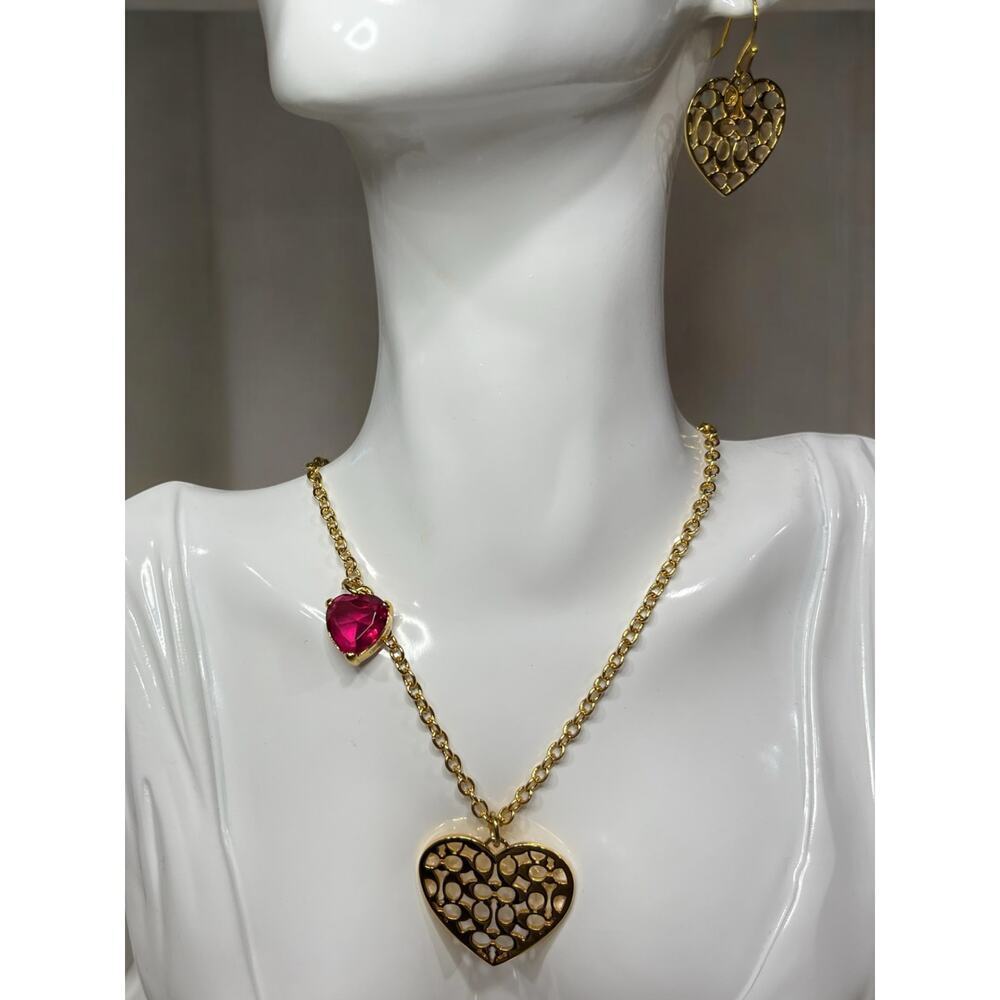 Coach Gold Filigree Signature Heart Pendant Necklace and Earrings